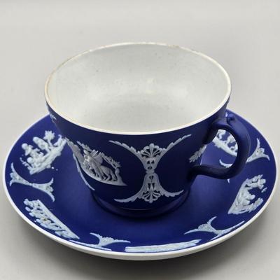LOT 124: Wedgwood Blue Jasperware Cup and Saucer, 2 Small Pitchers, and More