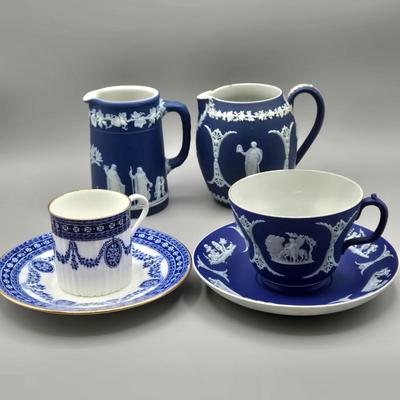 LOT 124: Wedgwood Blue Jasperware Cup and Saucer, 2 Small Pitchers, and More