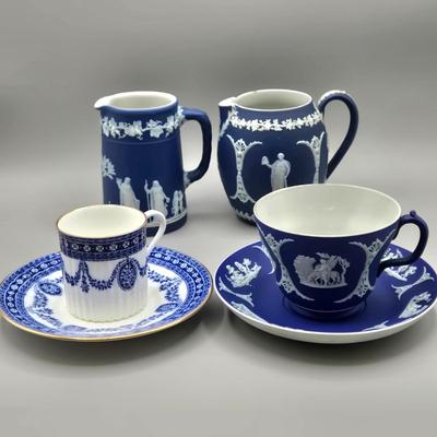 LOT 124: Wedgwood Blue Jasperware Cup and Saucer, 2 Small Pitchers, and More