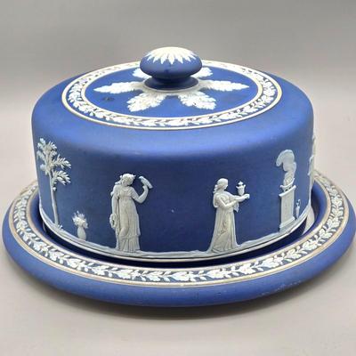 LOT 125: Wedgwood Dark Cobalt Blue Jasperware Cheese Dome with Underplate