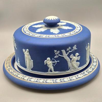 LOT 125: Wedgwood Dark Cobalt Blue Jasperware Cheese Dome with Underplate