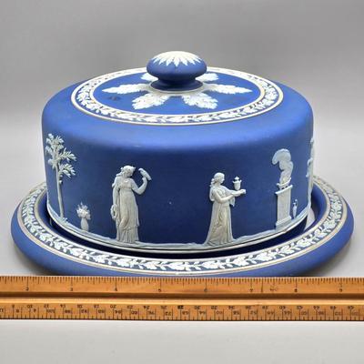 LOT 125: Wedgwood Dark Cobalt Blue Jasperware Cheese Dome with Underplate