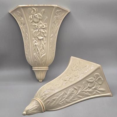 LOT 126: Set of 2 Vintage Lenox Masterpiece Embossed Irises Hanging Vases