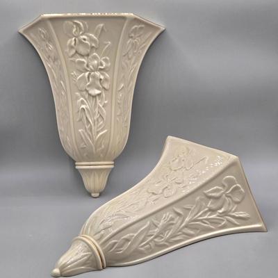 LOT 126: Set of 2 Vintage Lenox Masterpiece Embossed Irises Hanging Vases