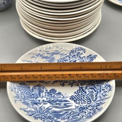 LOT 131: Enoch Wedgwood Tunstall Countryside Pieces Including 12 Cups, 17 Saucers, Creamer, and Sugar/ Storage Cases Included