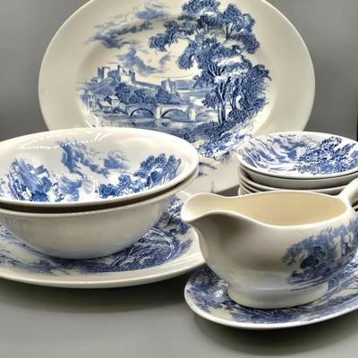 LOT 132: Vintage Countryside Blue Enoch Wedgewood Dinnerware Including 20 Dinner, 10 Dessert Plates, 10 Soup, 8 Dessert Bowls, 2 Serving...
