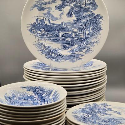 LOT 132: Vintage Countryside Blue Enoch Wedgewood Dinnerware Including 20 Dinner, 10 Dessert Plates, 10 Soup, 8 Dessert Bowls, 2 Serving...