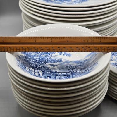 LOT 132: Vintage Countryside Blue Enoch Wedgewood Dinnerware Including 20 Dinner, 10 Dessert Plates, 10 Soup, 8 Dessert Bowls, 2 Serving...