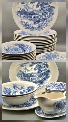 LOT 132: Vintage Countryside Blue Enoch Wedgewood Dinnerware Including 20 Dinner, 10 Dessert Plates, 10 Soup, 8 Dessert Bowls, 2 Serving...