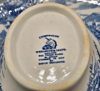 LOT 132: Vintage Countryside Blue Enoch Wedgewood Dinnerware Including 20 Dinner, 10 Dessert Plates, 10 Soup, 8 Dessert Bowls, 2 Serving...
