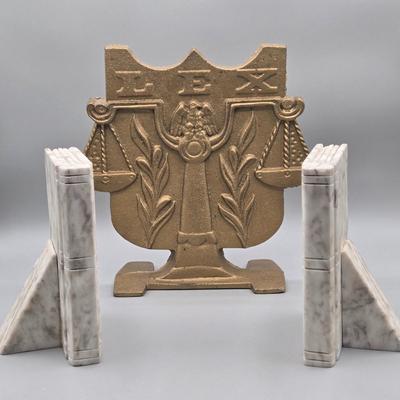 LOT 138: Vintage Cast Metal LEX Scales of Justice Bookend and Set of Marble-Like Bookends