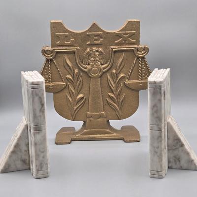 LOT 138: Vintage Cast Metal LEX Scales of Justice Bookend and Set of Marble-Like Bookends