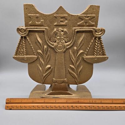 LOT 138: Vintage Cast Metal LEX Scales of Justice Bookend and Set of Marble-Like Bookends