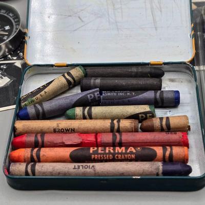 LOT 139: Primitive Wooden Box Filled with Treasures Such as Bucking Bronco and Cowboy Brass Zippo Lighter, Hixon Lumber Co. Tape Measure,...