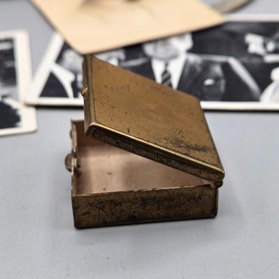 LOT 139: Primitive Wooden Box Filled with Treasures Such as Bucking Bronco and Cowboy Brass Zippo Lighter, Hixon Lumber Co. Tape Measure,...