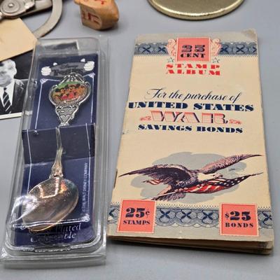 LOT 139: Primitive Wooden Box Filled with Treasures Such as Bucking Bronco and Cowboy Brass Zippo Lighter, Hixon Lumber Co. Tape Measure,...