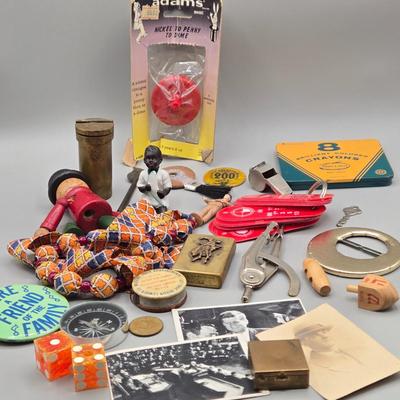 LOT 139: Primitive Wooden Box Filled with Treasures Such as Bucking Bronco and Cowboy Brass Zippo Lighter, Hixon Lumber Co. Tape Measure,...