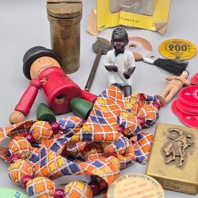 LOT 139: Primitive Wooden Box Filled with Treasures Such as Bucking Bronco and Cowboy Brass Zippo Lighter, Hixon Lumber Co. Tape Measure,...