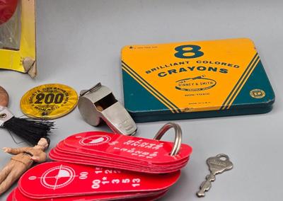 LOT 139: Primitive Wooden Box Filled with Treasures Such as Bucking Bronco and Cowboy Brass Zippo Lighter, Hixon Lumber Co. Tape Measure,...