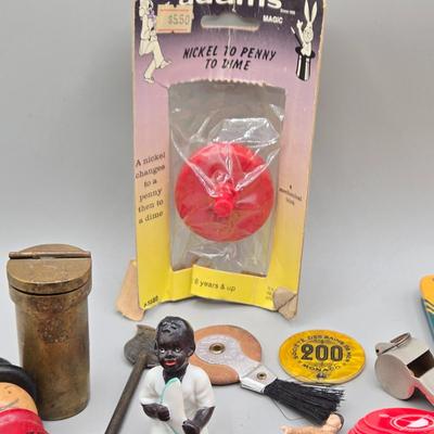 LOT 139: Primitive Wooden Box Filled with Treasures Such as Bucking Bronco and Cowboy Brass Zippo Lighter, Hixon Lumber Co. Tape Measure,...