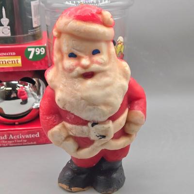 LOT 140: All Things Christmas, Including Glass Jar Filled with 1970s Wooden Christmas Ornaments, Vintage Santa Candle, 56x52 Tablecloth,...
