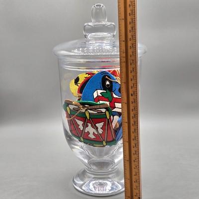 LOT 140: All Things Christmas, Including Glass Jar Filled with 1970s Wooden Christmas Ornaments, Vintage Santa Candle, 56x52 Tablecloth,...