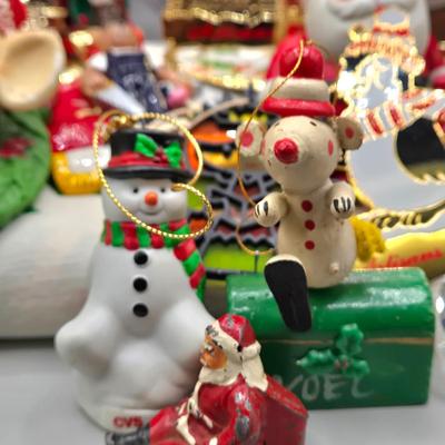 LOT 140: All Things Christmas, Including Glass Jar Filled with 1970s Wooden Christmas Ornaments, Vintage Santa Candle, 56x52 Tablecloth,...
