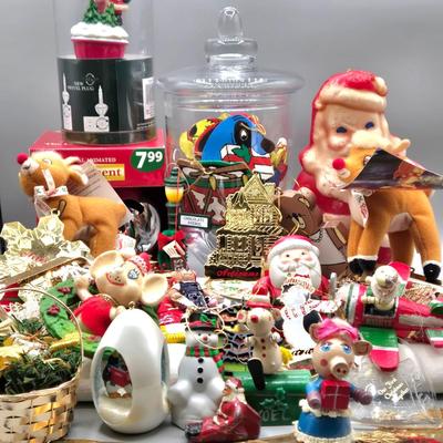 LOT 140: All Things Christmas, Including Glass Jar Filled with 1970s Wooden Christmas Ornaments, Vintage Santa Candle, 56x52 Tablecloth,...