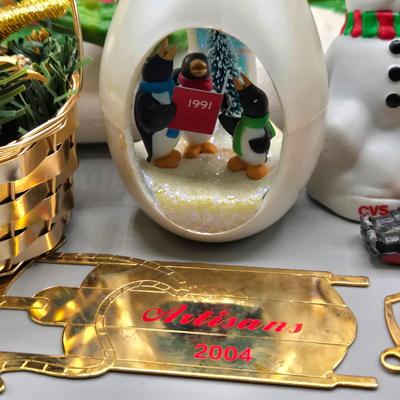 LOT 140: All Things Christmas, Including Glass Jar Filled with 1970s Wooden Christmas Ornaments, Vintage Santa Candle, 56x52 Tablecloth,...