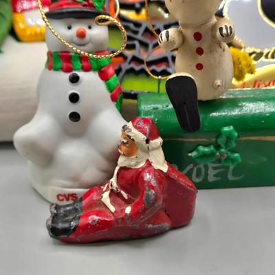 LOT 140: All Things Christmas, Including Glass Jar Filled with 1970s Wooden Christmas Ornaments, Vintage Santa Candle, 56x52 Tablecloth,...