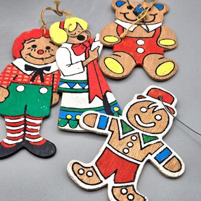 LOT 140: All Things Christmas, Including Glass Jar Filled with 1970s Wooden Christmas Ornaments, Vintage Santa Candle, 56x52 Tablecloth,...