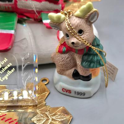 LOT 140: All Things Christmas, Including Glass Jar Filled with 1970s Wooden Christmas Ornaments, Vintage Santa Candle, 56x52 Tablecloth,...