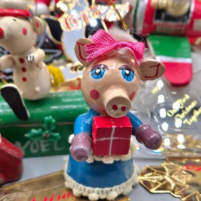 LOT 140: All Things Christmas, Including Glass Jar Filled with 1970s Wooden Christmas Ornaments, Vintage Santa Candle, 56x52 Tablecloth,...