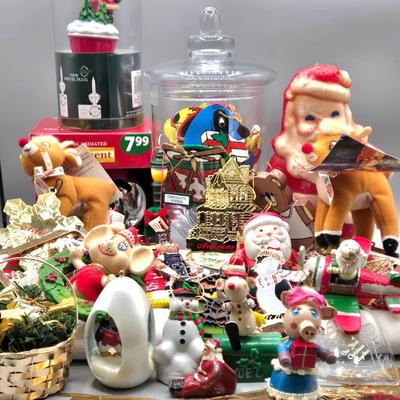 LOT 140: All Things Christmas, Including Glass Jar Filled with 1970s Wooden Christmas Ornaments, Vintage Santa Candle, 56x52 Tablecloth,...