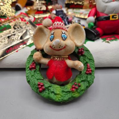 LOT 140: All Things Christmas, Including Glass Jar Filled with 1970s Wooden Christmas Ornaments, Vintage Santa Candle, 56x52 Tablecloth,...