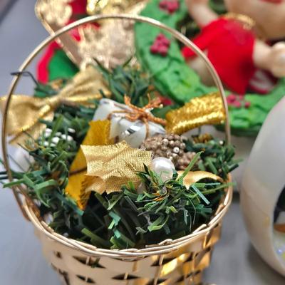 LOT 140: All Things Christmas, Including Glass Jar Filled with 1970s Wooden Christmas Ornaments, Vintage Santa Candle, 56x52 Tablecloth,...