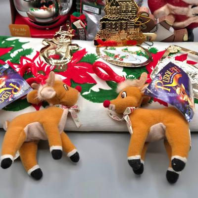 LOT 140: All Things Christmas, Including Glass Jar Filled with 1970s Wooden Christmas Ornaments, Vintage Santa Candle, 56x52 Tablecloth,...