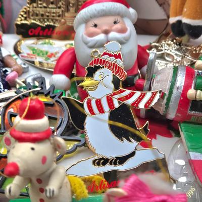 LOT 140: All Things Christmas, Including Glass Jar Filled with 1970s Wooden Christmas Ornaments, Vintage Santa Candle, 56x52 Tablecloth,...