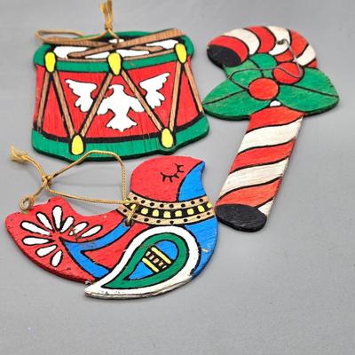 LOT 140: All Things Christmas, Including Glass Jar Filled with 1970s Wooden Christmas Ornaments, Vintage Santa Candle, 56x52 Tablecloth,...