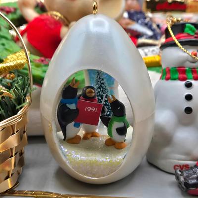 LOT 140: All Things Christmas, Including Glass Jar Filled with 1970s Wooden Christmas Ornaments, Vintage Santa Candle, 56x52 Tablecloth,...