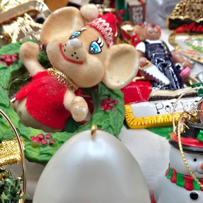LOT 140: All Things Christmas, Including Glass Jar Filled with 1970s Wooden Christmas Ornaments, Vintage Santa Candle, 56x52 Tablecloth,...