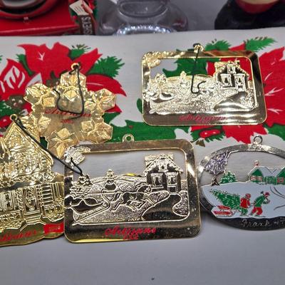 LOT 140: All Things Christmas, Including Glass Jar Filled with 1970s Wooden Christmas Ornaments, Vintage Santa Candle, 56x52 Tablecloth,...