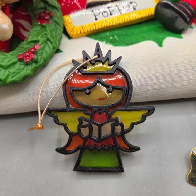 LOT 140: All Things Christmas, Including Glass Jar Filled with 1970s Wooden Christmas Ornaments, Vintage Santa Candle, 56x52 Tablecloth,...