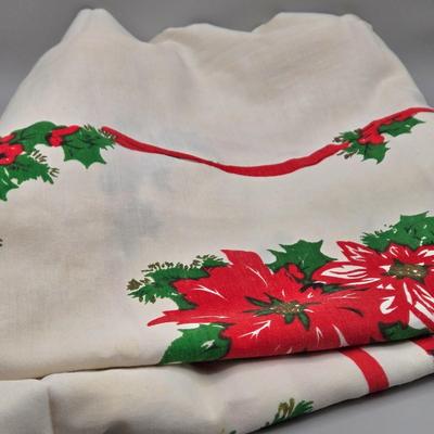 LOT 140: All Things Christmas, Including Glass Jar Filled with 1970s Wooden Christmas Ornaments, Vintage Santa Candle, 56x52 Tablecloth,...