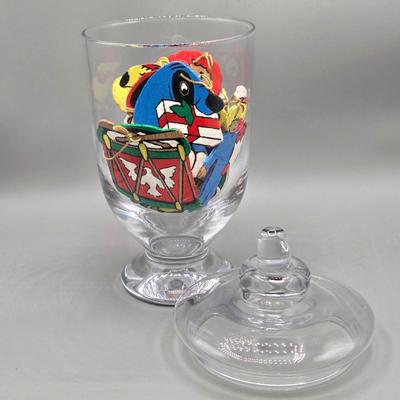 LOT 140: All Things Christmas, Including Glass Jar Filled with 1970s Wooden Christmas Ornaments, Vintage Santa Candle, 56x52 Tablecloth,...