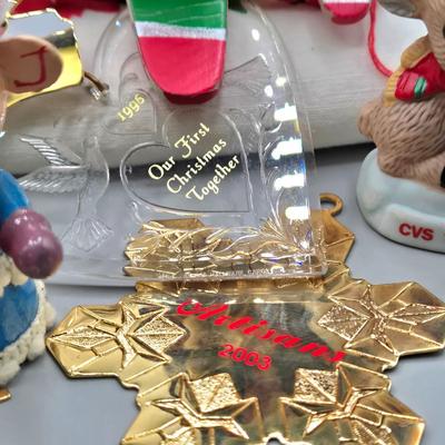 LOT 140: All Things Christmas, Including Glass Jar Filled with 1970s Wooden Christmas Ornaments, Vintage Santa Candle, 56x52 Tablecloth,...