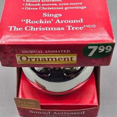 LOT 140: All Things Christmas, Including Glass Jar Filled with 1970s Wooden Christmas Ornaments, Vintage Santa Candle, 56x52 Tablecloth,...