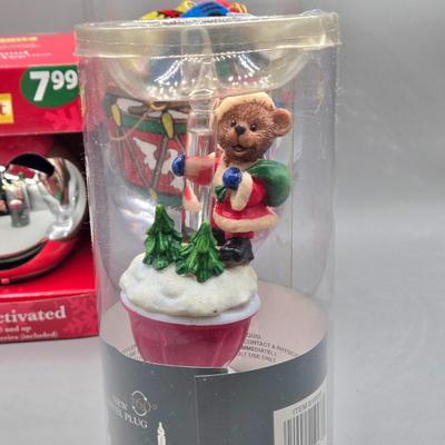 LOT 140: All Things Christmas, Including Glass Jar Filled with 1970s Wooden Christmas Ornaments, Vintage Santa Candle, 56x52 Tablecloth,...