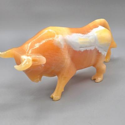LOT 141: Carved Stone Bull Statue, Red Glass Mushroom Vase, and Gentile Glass Paperweight