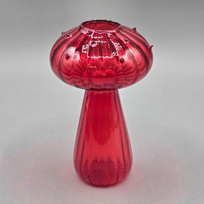 LOT 141: Carved Stone Bull Statue, Red Glass Mushroom Vase, and Gentile Glass Paperweight